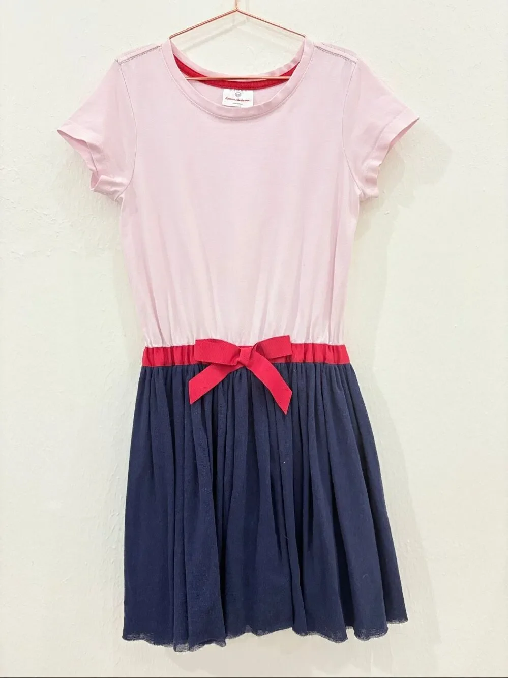 Hanna Andersson Size 140 US 10 girls Pink Top Navy Blue Telle Skirt Dress Bow